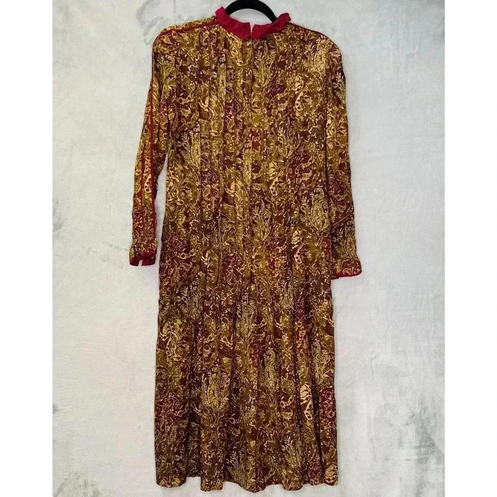VTG Albert Nipon Silk Drk Brown Paisley Pleated Long Sleeve Dress Sz 4‎ Pockets
